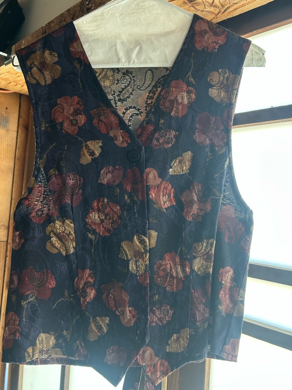 Black Floral Brocade Vest with Gold & Red Accents - Unbranded